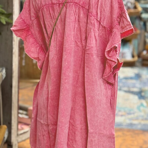 B260 Pink Ruffled Short Sleeve Buttoned Denim Mini Dress - Picture 3 of 10